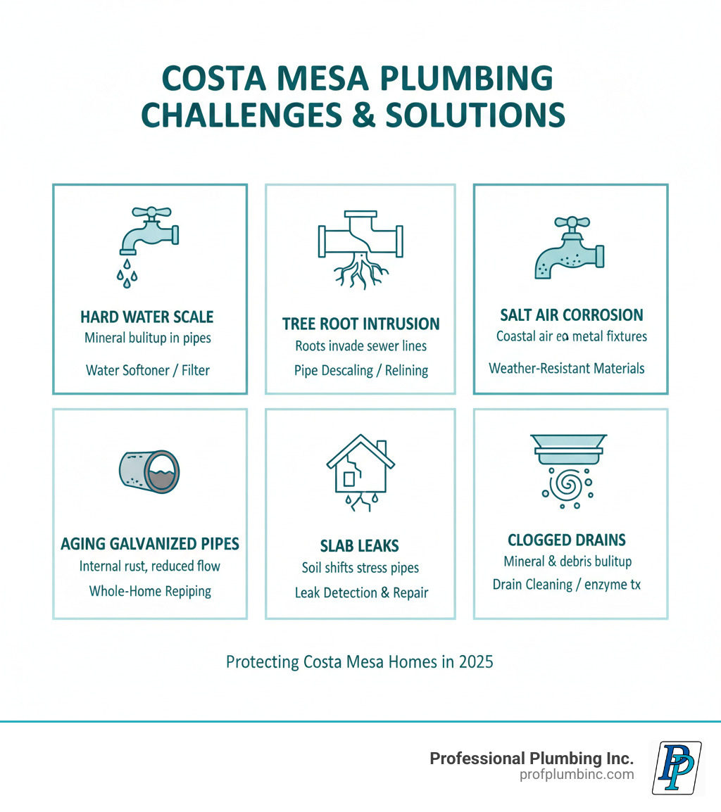 Infographic showing common Costa Mesa plumbing problems including hard water scale buildup in pipes, tree root intrusion in sewer lines, corroded fixtures from salt air, aging galvanized pipes in older homes, slab leaks from soil movement, and clogged drains from mineral deposits, with corresponding preventative solutions for each issue - plumber costa mesa ca infographic Infographic showing common Costa Mesa plumbing problems including hard water scale buildup in pipes, tree root intrusion in sewer lines, corroded fixtures from salt air, aging galvanized pipes in older homes, slab leaks from soil movement, and clogged drains from mineral deposits, with corresponding preventative solutions for each issue - plumber costa mesa ca infographic