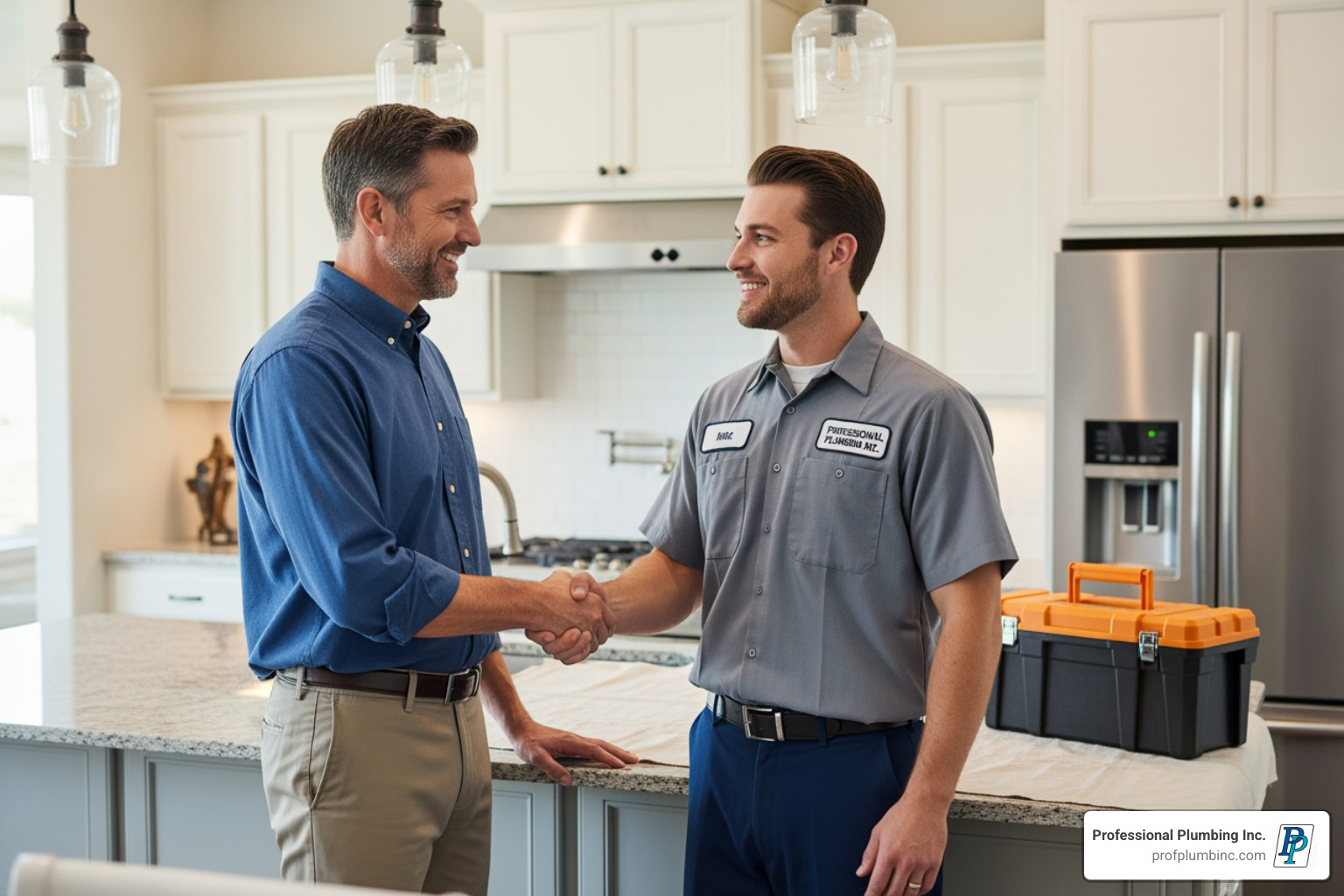 A homeowner shaking hands with a trusted Professional Plumbing Inc. technician after a job well done - plumber costa mesa ca A homeowner shaking hands with a trusted Professional Plumbing Inc. technician after a job well done - plumber costa mesa ca