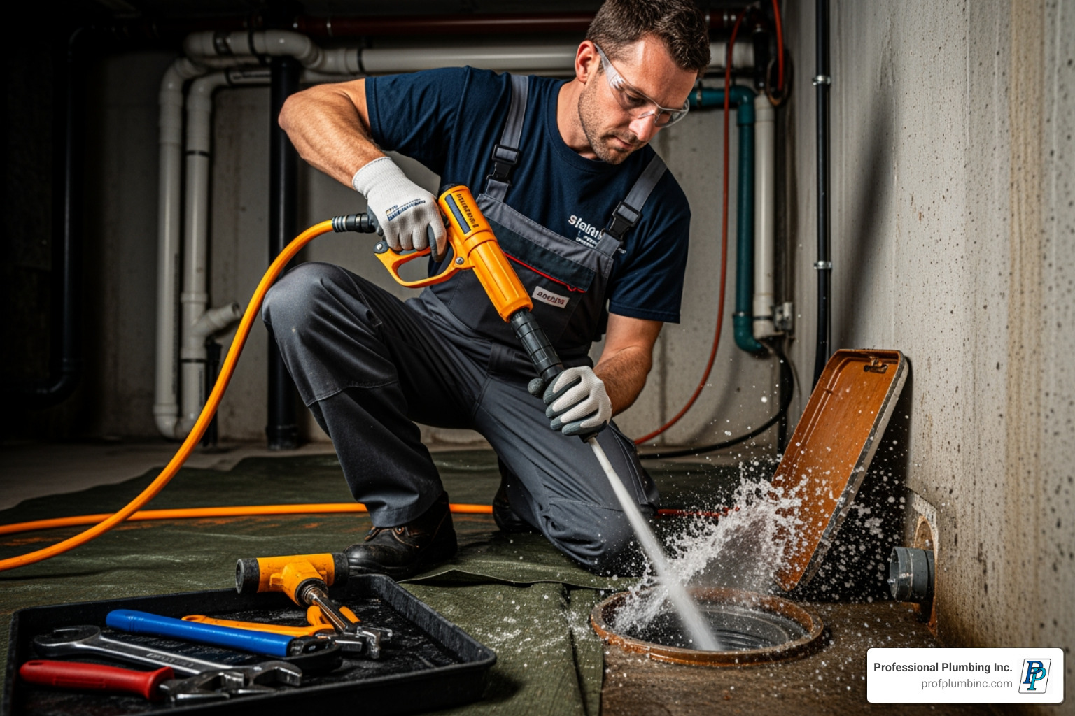 A Professional Plumbing Inc. technician expertly operating a hydro-jetting tool to clear a stubborn drain - plumber costa mesa ca A Professional Plumbing Inc. technician expertly operating a hydro-jetting tool to clear a stubborn drain - plumber costa mesa ca