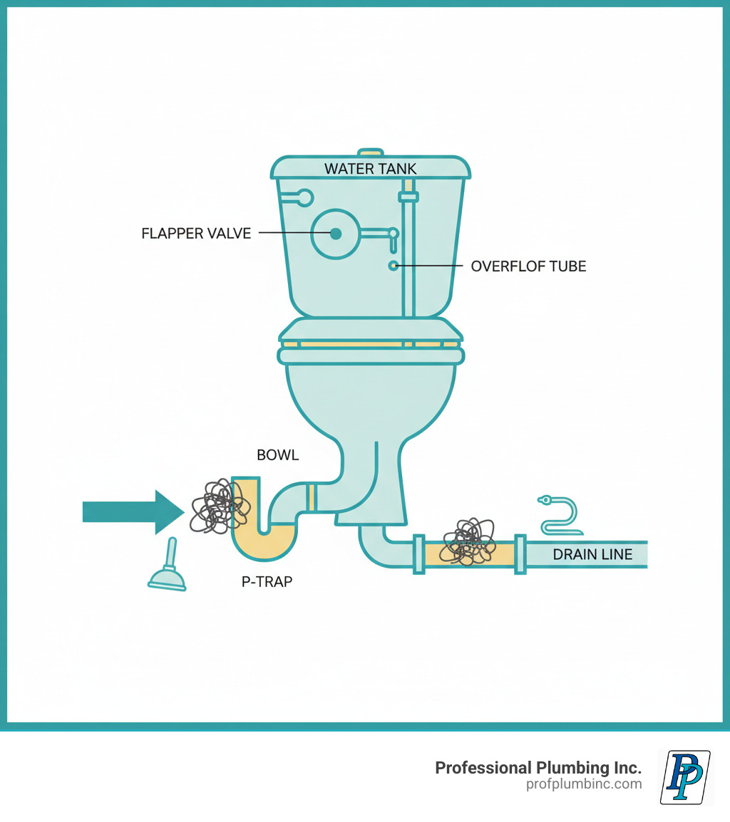 infographic showing toilet anatomy with labeled parts including water tank, flapper valve, overflow tube, bowl, P-trap, drain line, and common clog locations with arrows pointing to where blockages typically occur in the trap and drain - best way to fix a clogged toilet infographic 