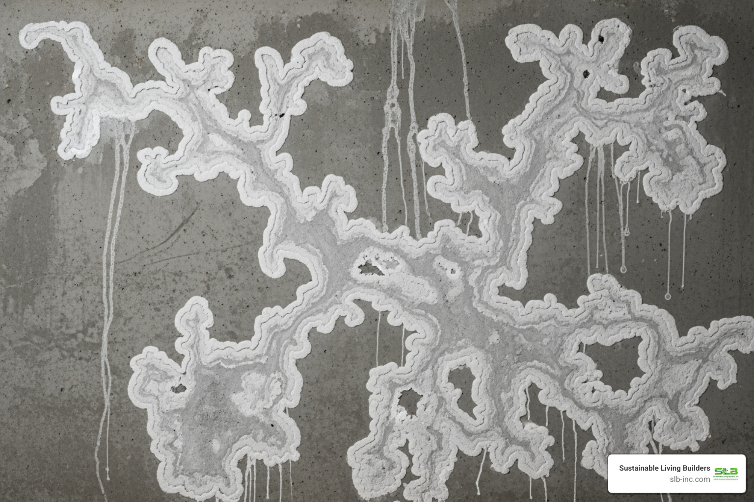 showing white, chalky efflorescence on a concrete basement wall - prevent basement flooding