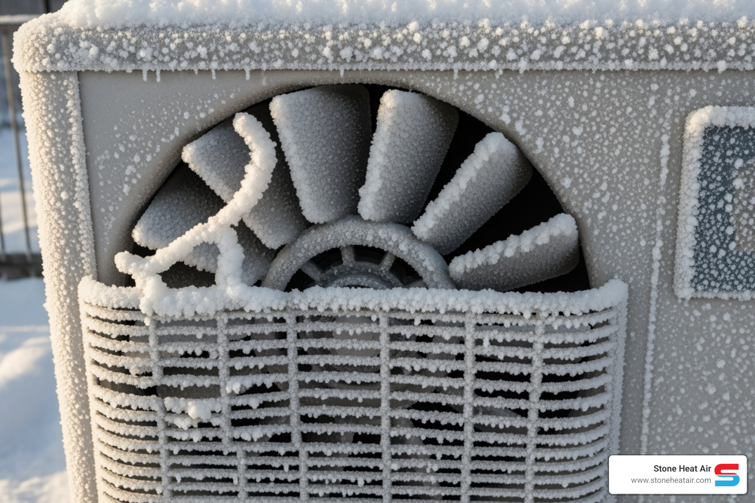 A close-up image of an outdoor heat pump unit with a significant amount of ice buildup on its coils and fan, indicating a potential issue - heat pump maintenance in bonanza or A close-up image of an outdoor heat pump unit with a significant amount of ice buildup on its coils and fan, indicating a potential issue - heat pump maintenance in bonanza or
