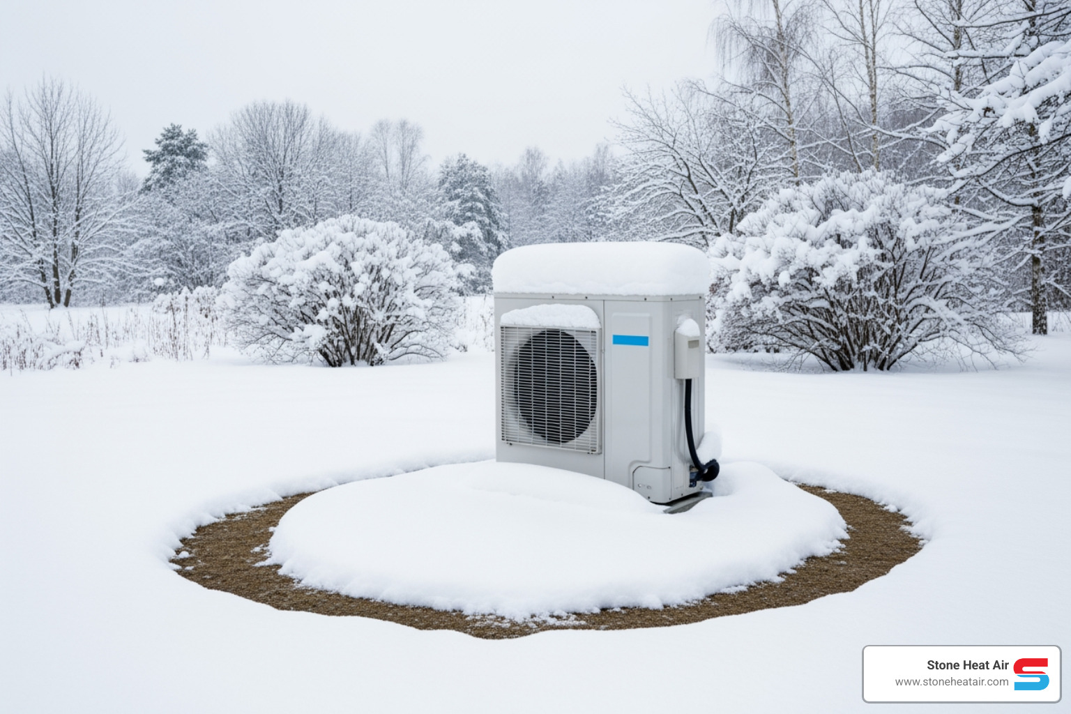 A heat pump outdoor unit is partially covered in snow, with a clear path shoveled around it, showcasing its operation in a winter landscape - heat pump maintenance in bonanza or A heat pump outdoor unit is partially covered in snow, with a clear path shoveled around it, showcasing its operation in a winter landscape - heat pump maintenance in bonanza or