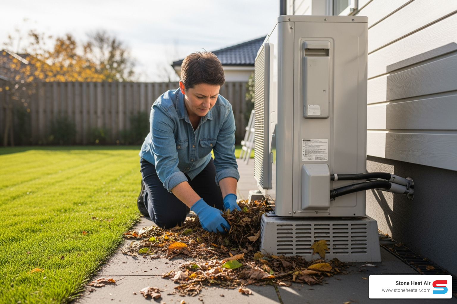 A homeowner, wearing work gloves, is carefully clearing leaves and small debris from around the base of an outdoor heat pump unit - heat pump maintenance in bonanza or A homeowner, wearing work gloves, is carefully clearing leaves and small debris from around the base of an outdoor heat pump unit - heat pump maintenance in bonanza or
