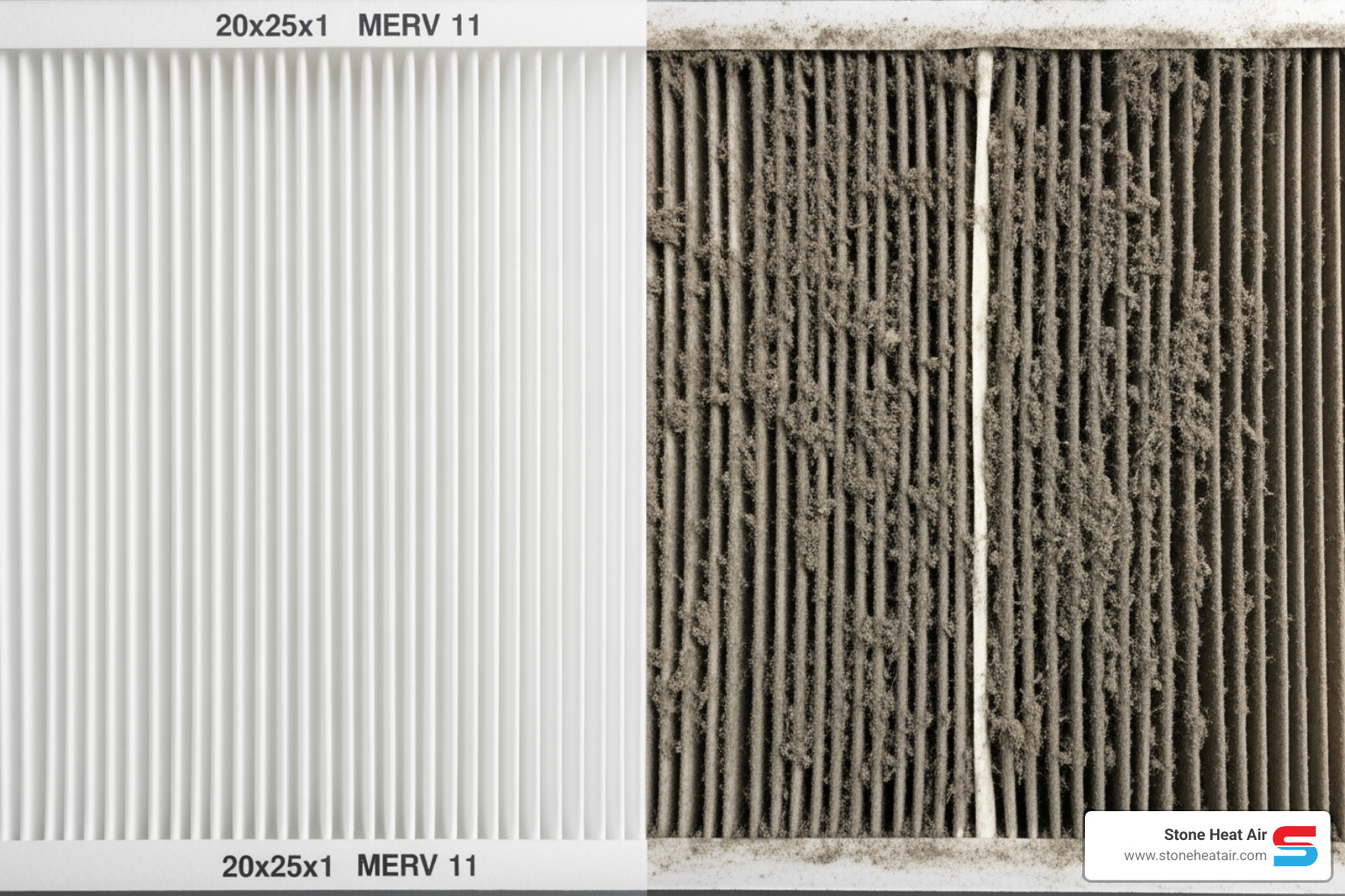 A split image showing a pristine, new air filter on one side and a heavily clogged, dirty air filter on the other, highlighting the dramatic difference - heat pump maintenance in bonanza or A split image showing a pristine, new air filter on one side and a heavily clogged, dirty air filter on the other, highlighting the dramatic difference - heat pump maintenance in bonanza or