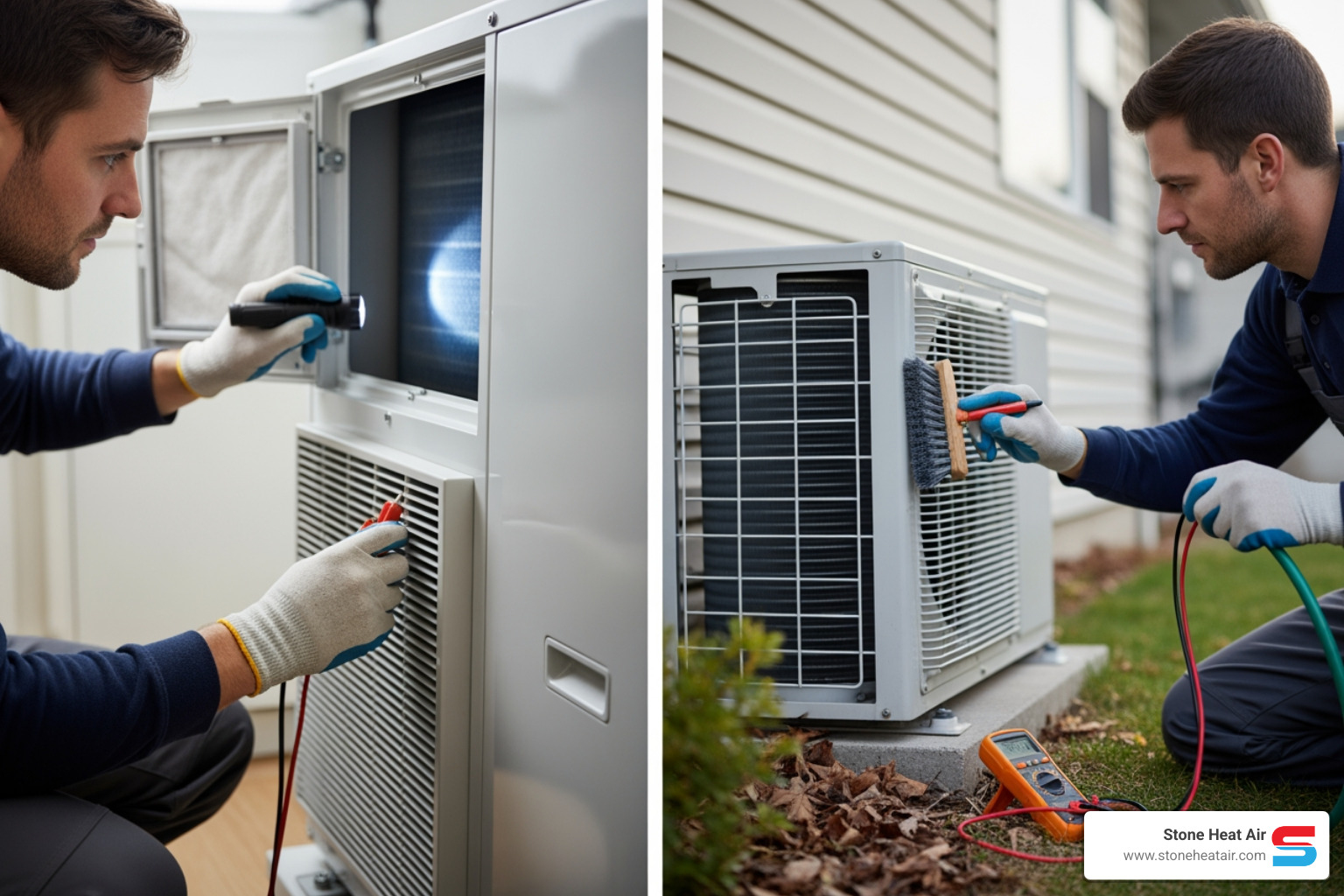 Infographic showing the heat pump maintenance cycle: Indoor unit maintenance (filter changes, register cleaning), outdoor unit care (debris removal, coil cleaning), professional tune-ups (refrigerant check, electrical inspection, motor lubrication), and seasonal preparation tasks for Bonanza's winter and summer extremes - heat pump maintenance in bonanza or Infographic showing the heat pump maintenance cycle: Indoor unit maintenance (filter changes, register cleaning), outdoor unit care (debris removal, coil cleaning), professional tune-ups (refrigerant check, electrical inspection, motor lubrication), and seasonal preparation tasks for Bonanza's winter and summer extremes - heat pump maintenance in bonanza or