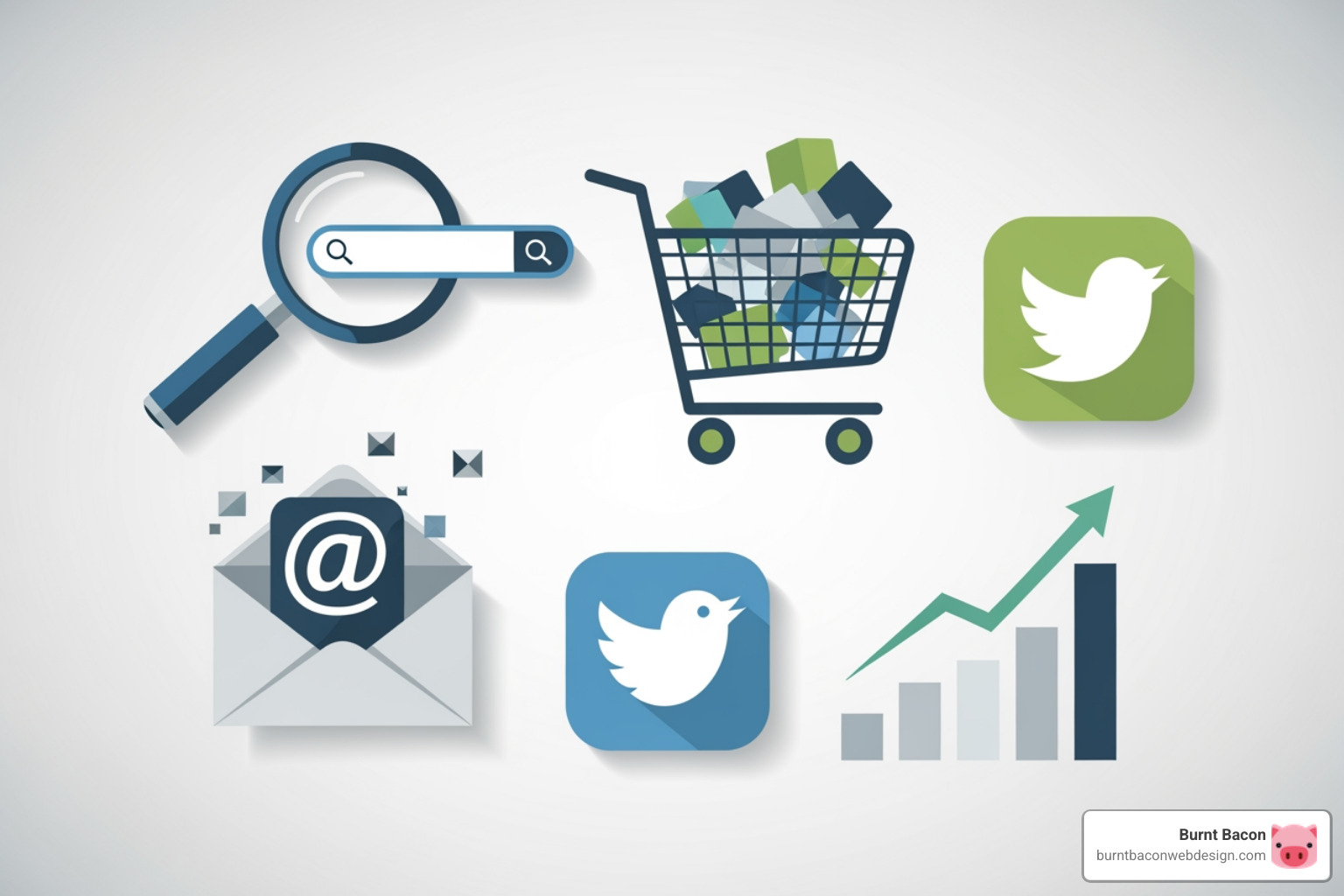 illustrating various digital marketing icons (magnifying glass for SEO, shopping cart for ecommerce, etc.) - Lead generation Utah