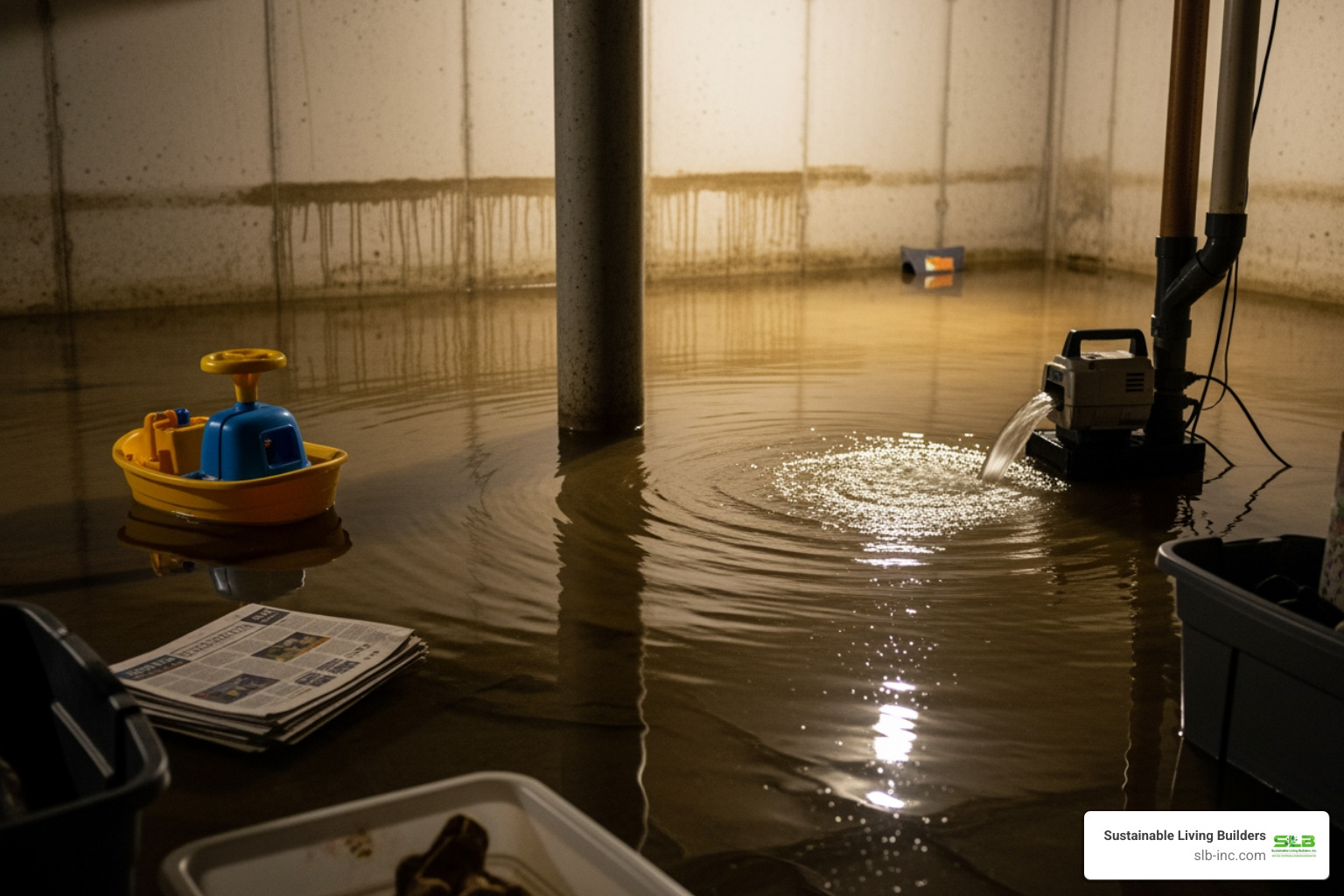 Infographic showing three pathways of basement flooding: surface water from gutters and grading issues flowing toward foundation, groundwater and hydrostatic pressure pushing through foundation walls and floor, and sewer backup forcing water through drains and pipes, with prevention solutions for each pathway - prevent basement flooding