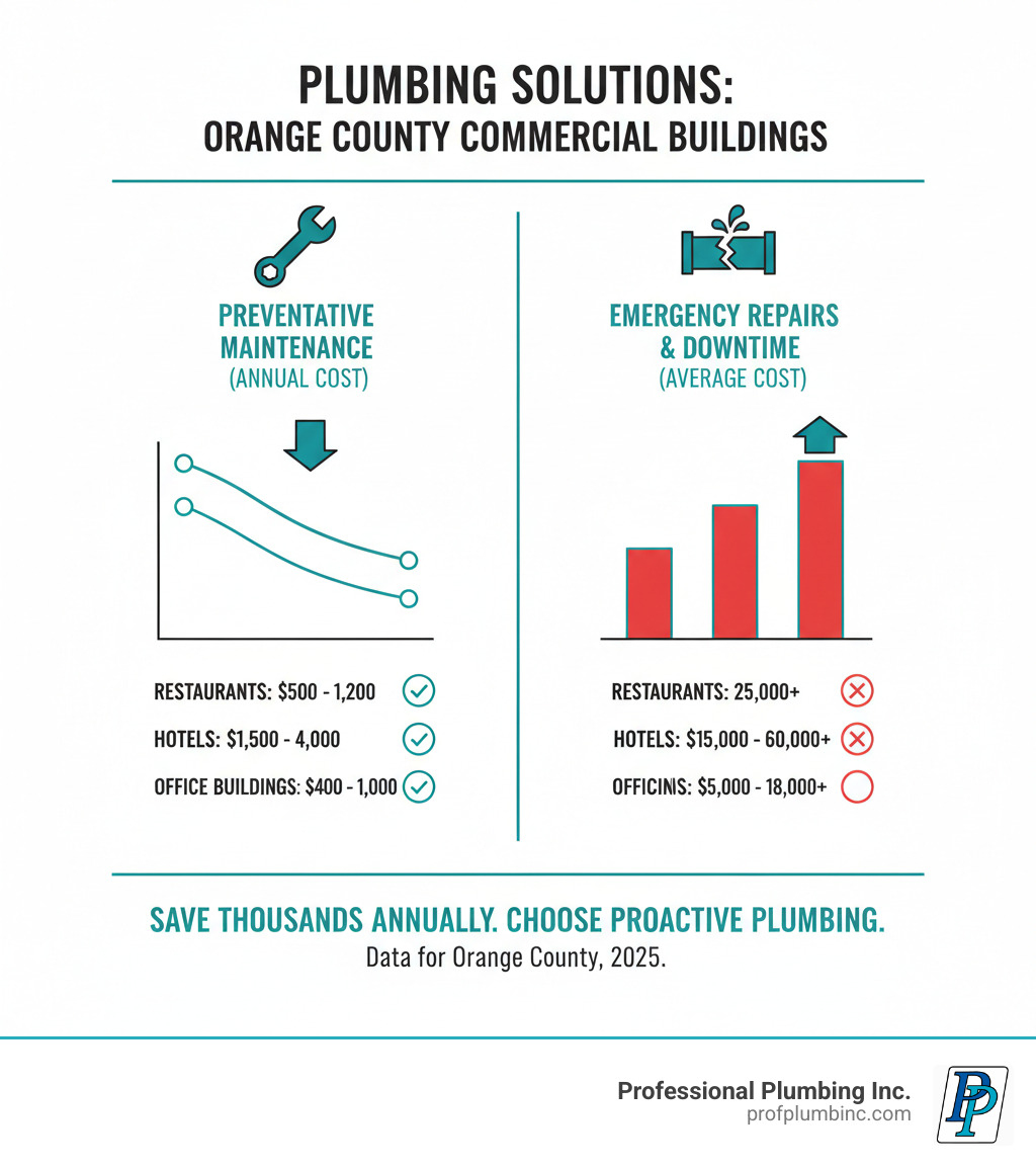 Infographic showing the financial comparison between annual preventative maintenance costs versus the average cost of emergency commercial plumbing repairs, including business downtime expenses, with data specific to restaurants, hotels, and office buildings in Orange County - commercial plumbing solutions infographic 