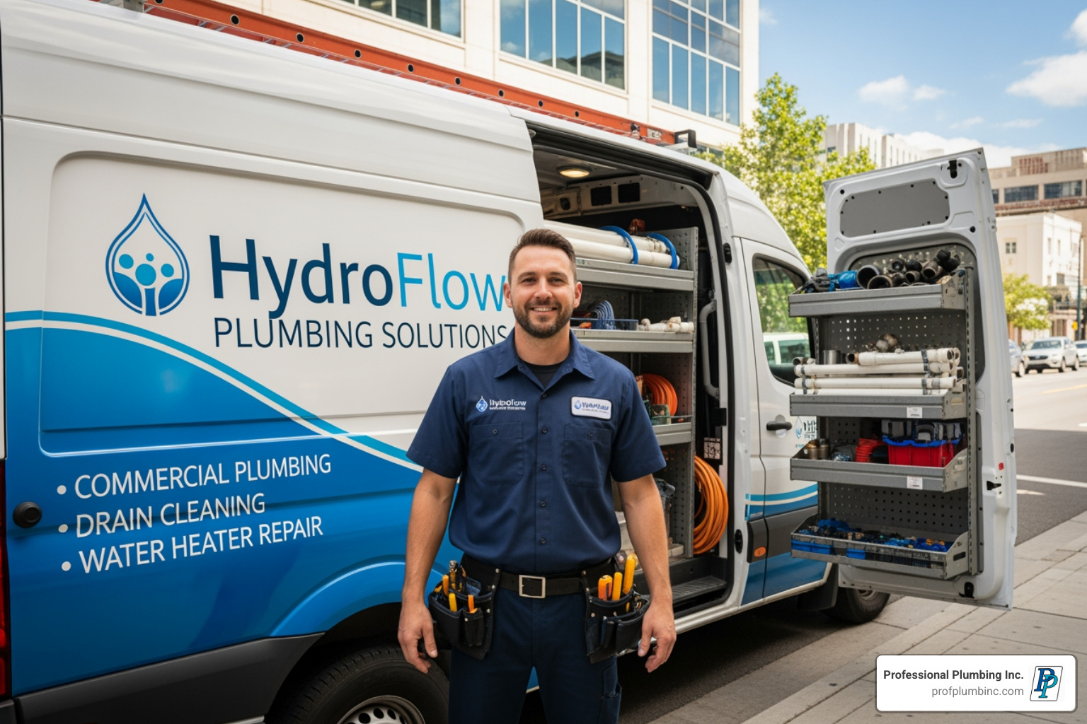 A Professional Plumbing Inc. technician, in a clean, branded uniform, stands confidently next to a fully-stocked, organized service van parked outside a bustling business in Huntington Beach, ready to provide expert commercial plumbing solutions. - commercial plumbing solutions