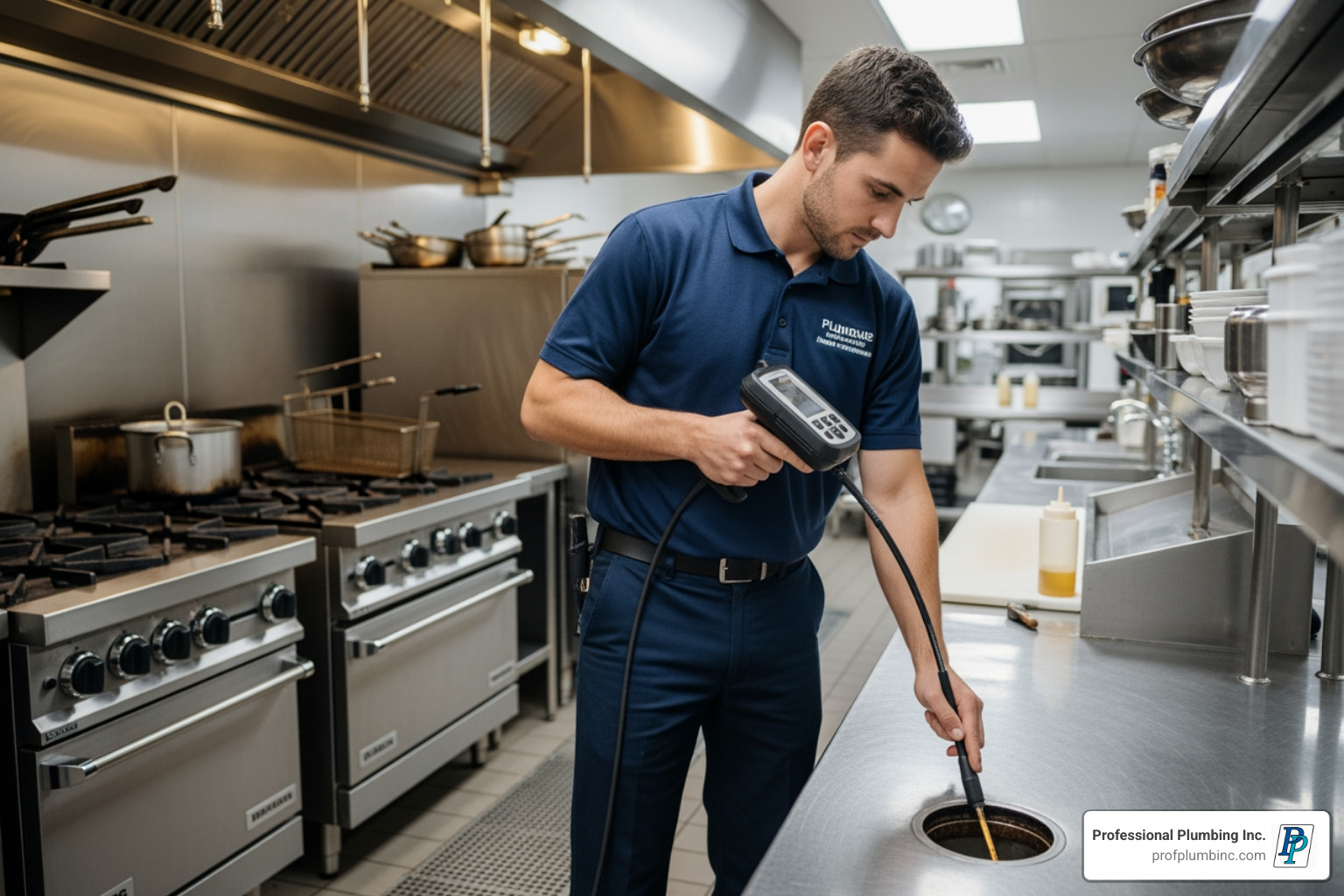 A Professional Plumbing Inc. technician expertly operating a video inspection camera, guiding it through a commercial drain system to diagnose issues in a busy restaurant kitchen in Costa Mesa. - commercial plumbing solutions