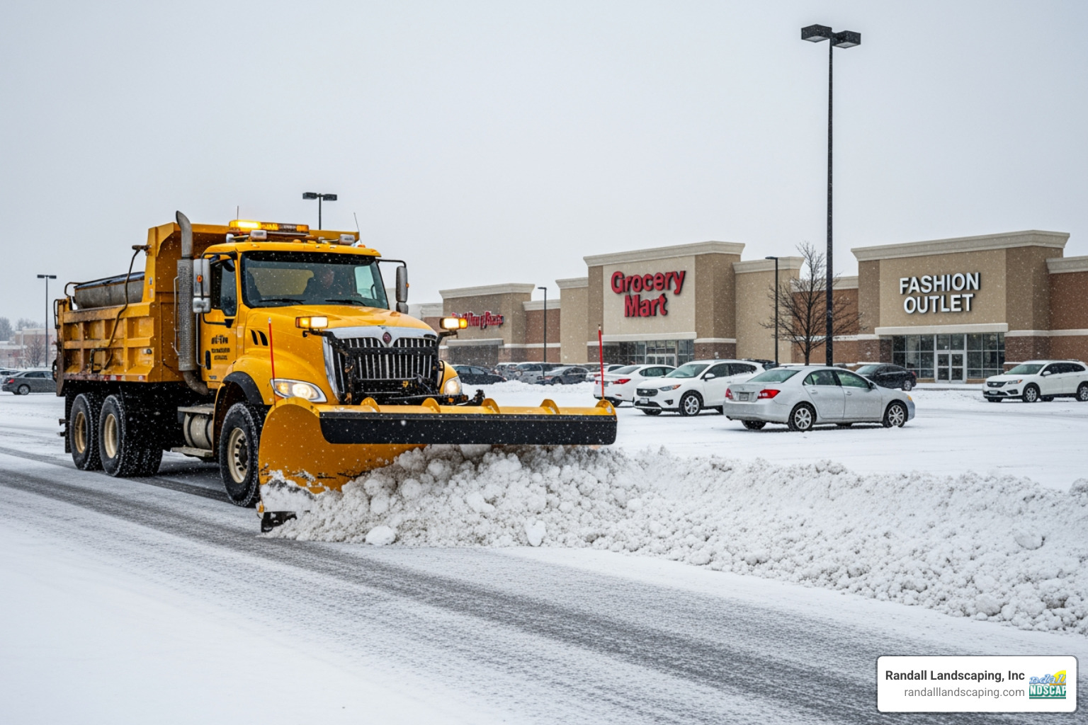 large commercial plow clearing a retail parking lot - price of snow removal