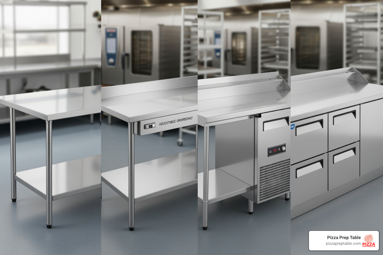 Various prep table styles side-by-side - Commercial kitchen prep table Various prep table styles side-by-side - Commercial kitchen prep table