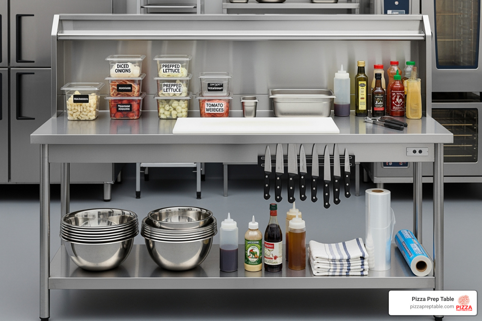 A prep table with a high backsplash and an adjustable undershelf loaded with containers - Commercial kitchen prep table A prep table with a high backsplash and an adjustable undershelf loaded with containers - Commercial kitchen prep table
