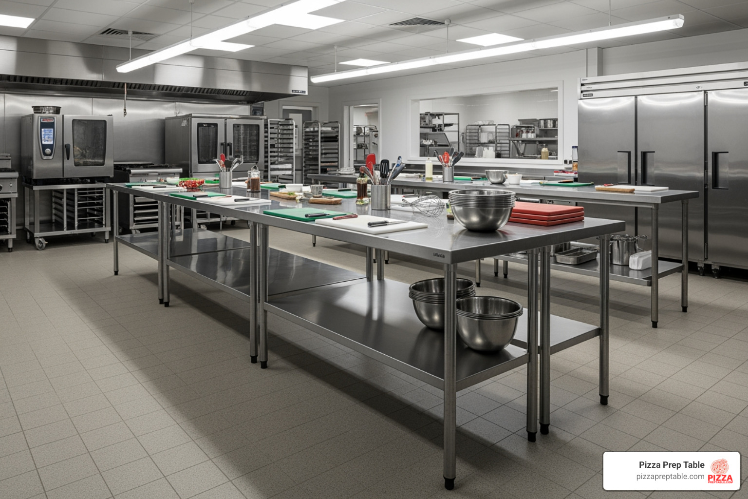 A long, six-legged prep table in a large kitchen - Commercial kitchen prep table A long, six-legged prep table in a large kitchen - Commercial kitchen prep table