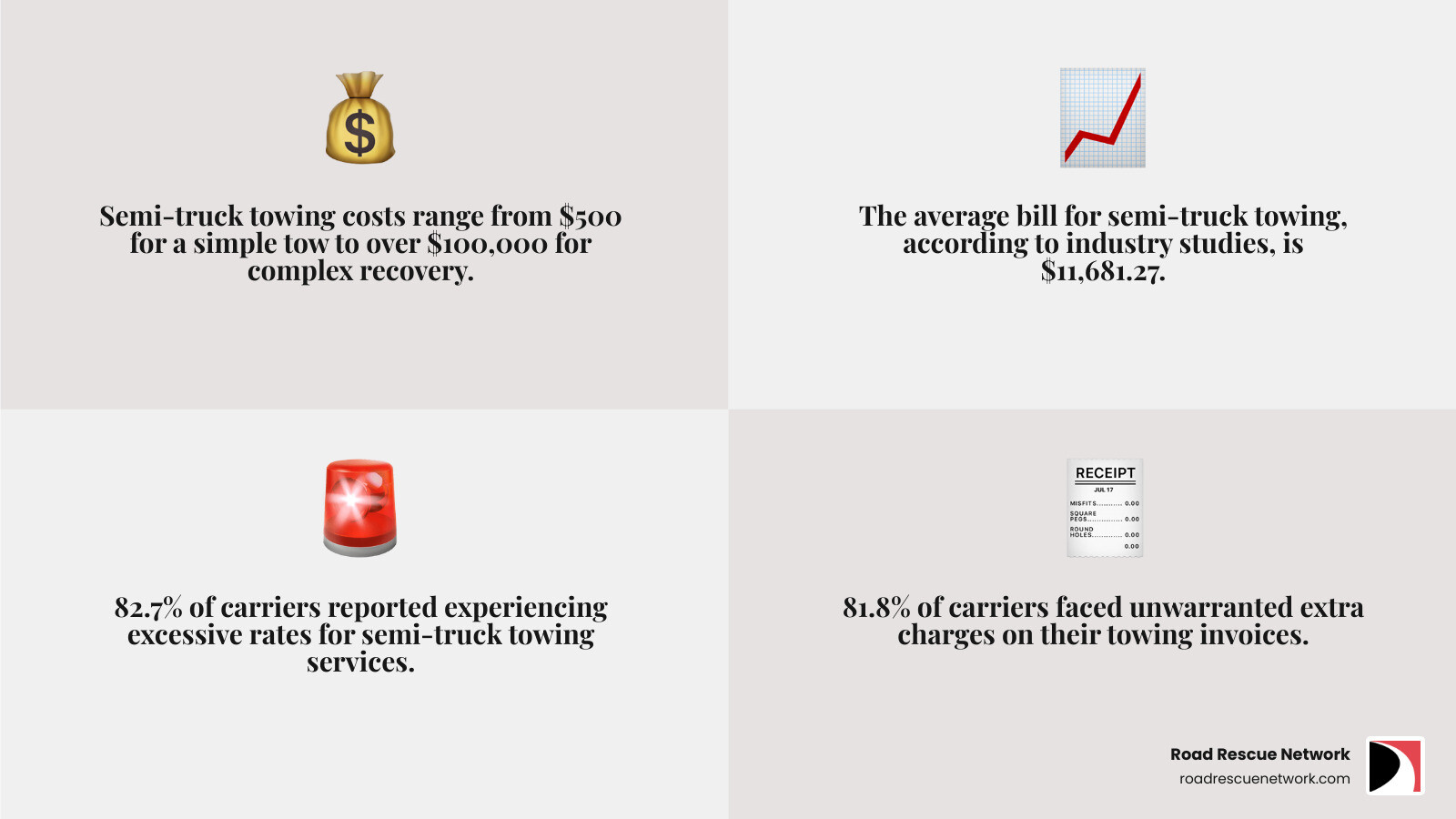 infographic showing breakdown of semi-truck towing costs including base hookup fees of $250-$500, hourly rates of $300-$700, per-mile charges of $20-$50, and additional costs for loaded trailers, recovery operations, and after-hours service with visual icons for each cost category - cost to tow a semi truck infographic 4_facts_emoji_grey