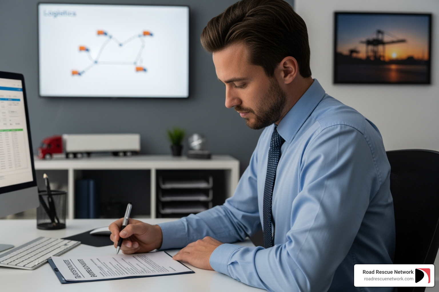 fleet manager reviewing towing service agreement - cost to tow a semi truck