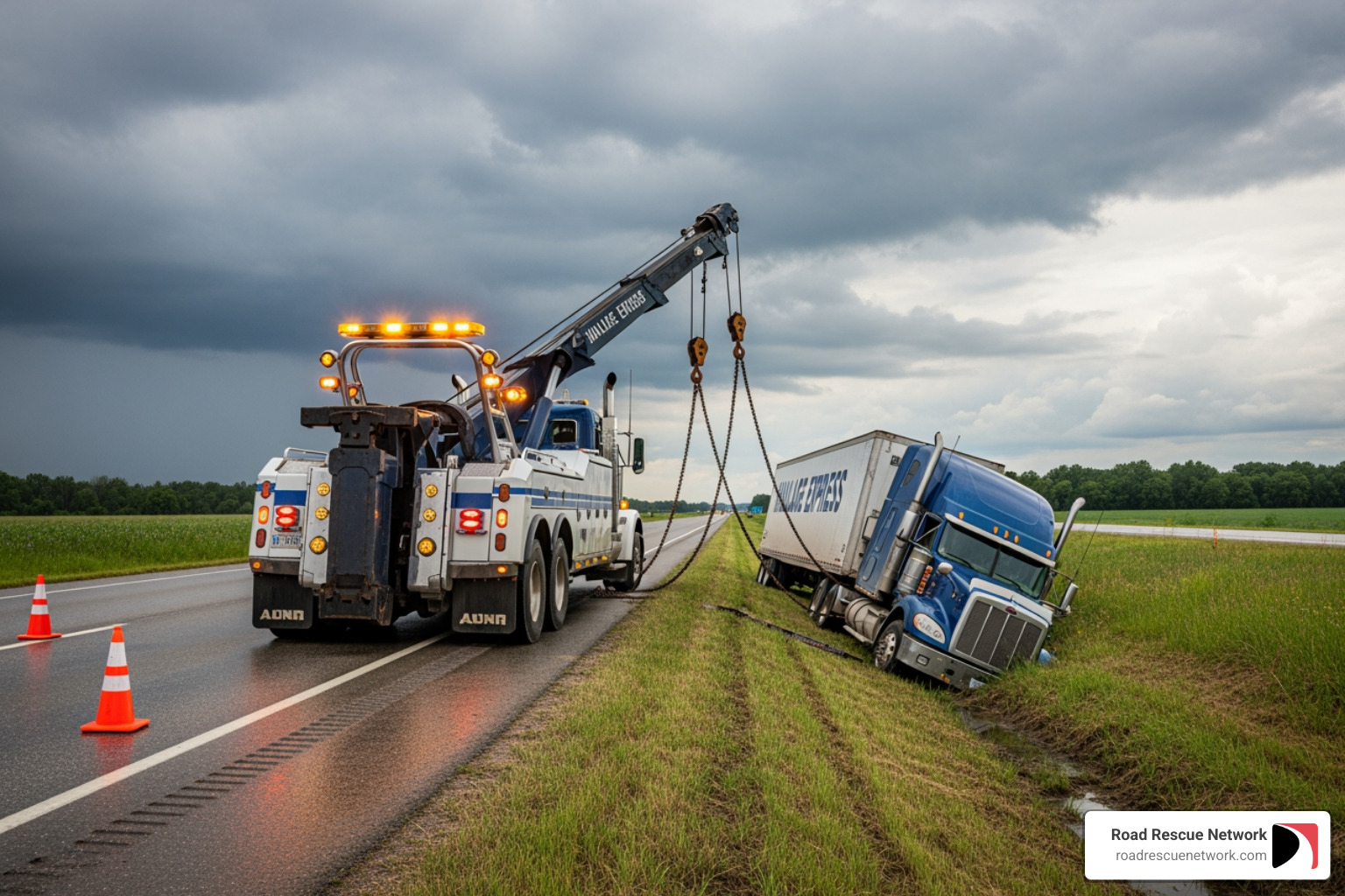 complex semi-truck recovery from a ditch - cost to tow a semi truck