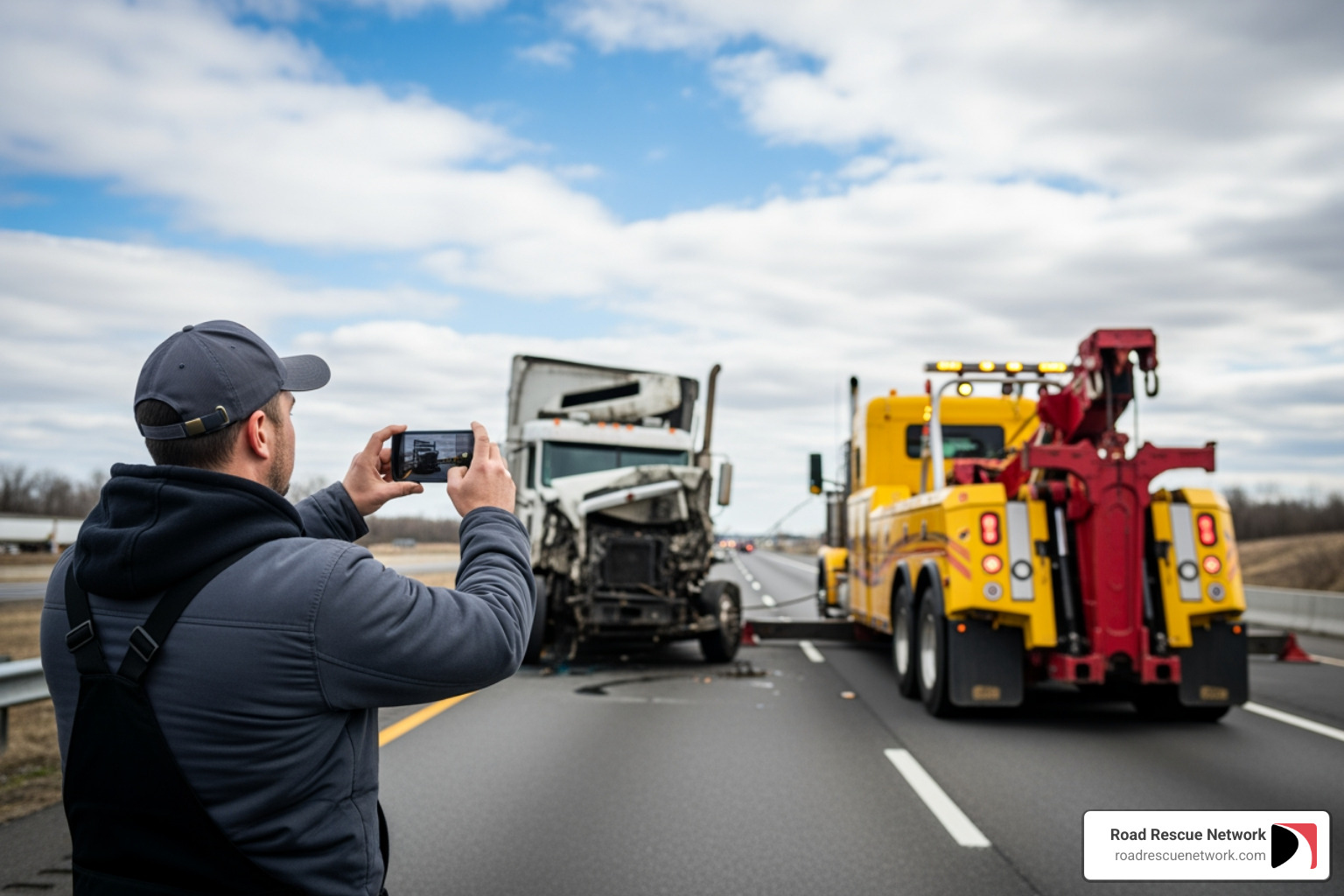 driver taking photos of disabled truck and tow truck - cost to tow a semi truck