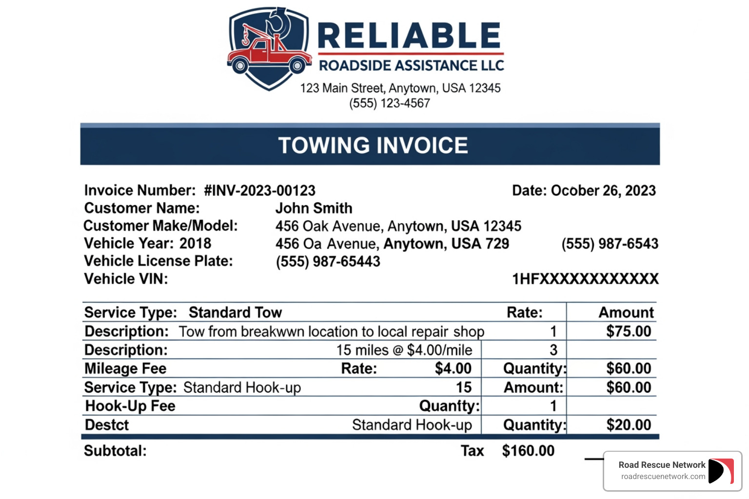 detailed towing invoice - cost to tow a semi truck