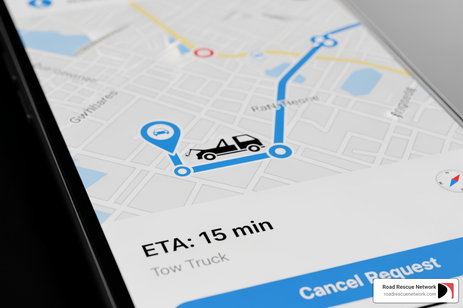 Smartphone screen showing a roadside assistance app's map with a tow truck icon moving towards the user's location, with an ETA displayed. - roadside assistance app