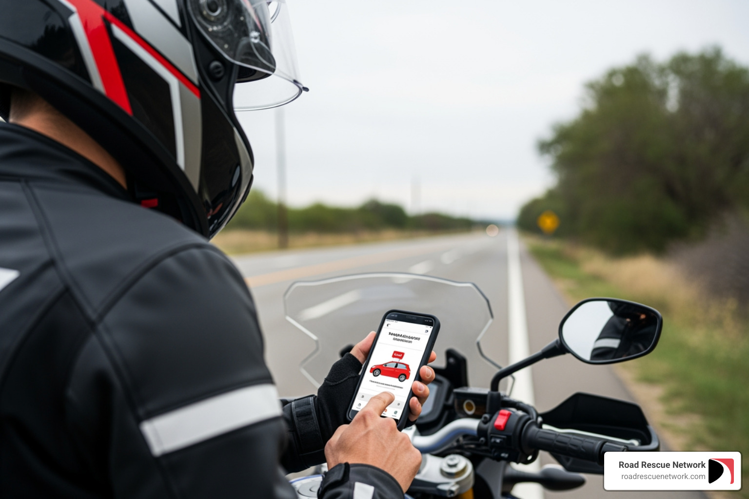 rider using smartphone app to request assistance - motorcycle break down cover