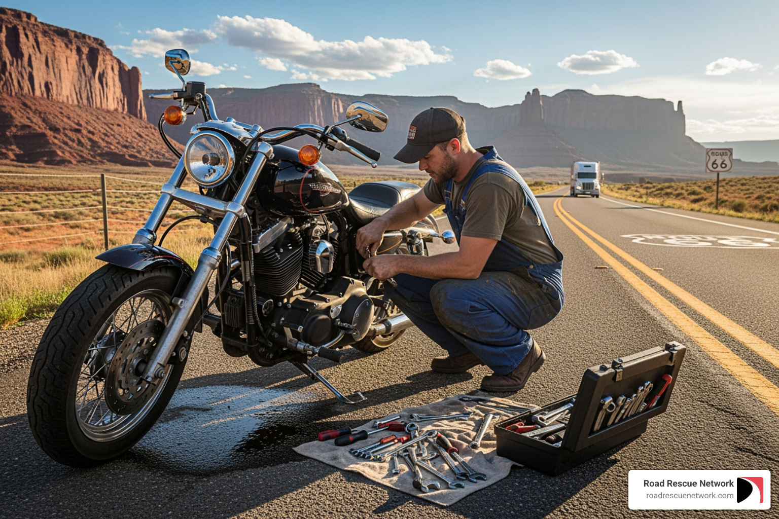 mechanic working on motorcycle at roadside - motorcycle break down cover