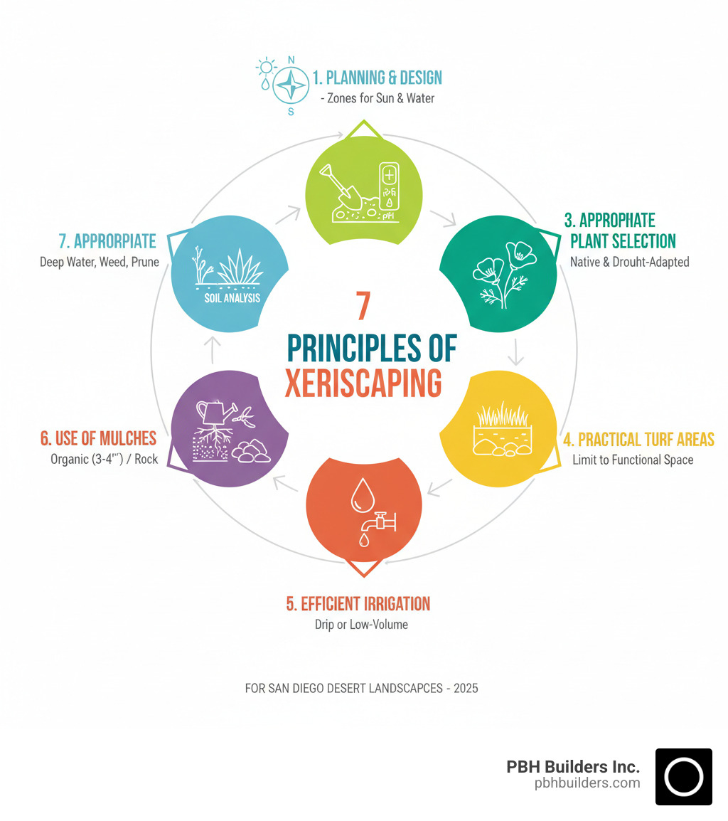 Infographic showing the 7 principles of xeriscaping: 1) Planning and Design - create zones based on water needs and sun exposure, 2) Soil Analysis - improve drainage and amend pH if needed, 3) Appropriate Plant Selection - choose native and drought-adapted species, 4) Practical Turf Areas - limit grass to functional spaces only, 5) Efficient Irrigation - use drip systems or low-volume overhead sprays, 6) Use of Mulches - apply 3-4 inches of organic mulch for scrubland plants or inorganic rock for desert species, 7) Appropriate Maintenance - water deeply but infrequently, control weeds early, and prune strategically - Desert landscape San Diego infographic 