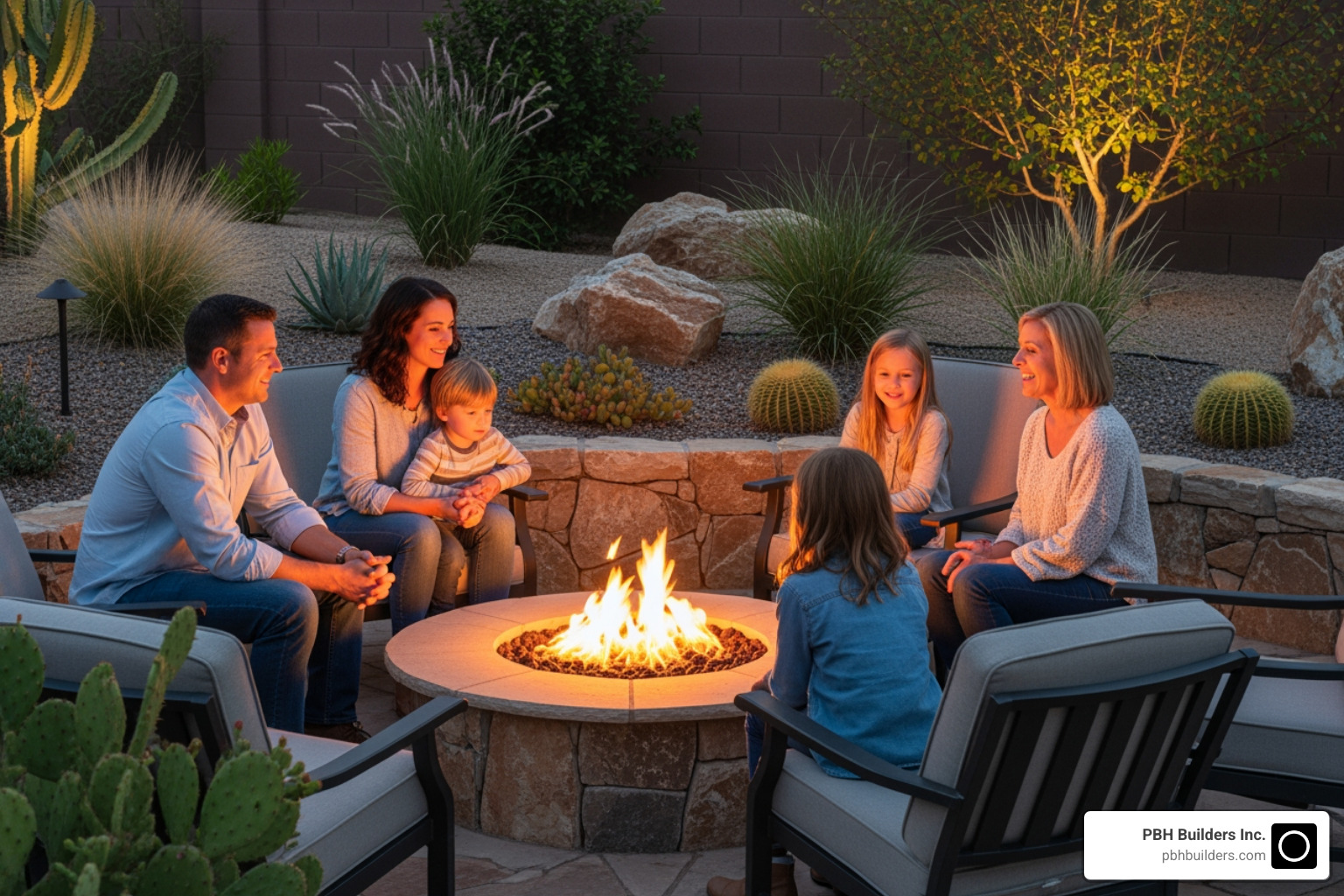 a family enjoying a beautiful desert-scaped backyard with a fire pit - Desert landscape San Diego
