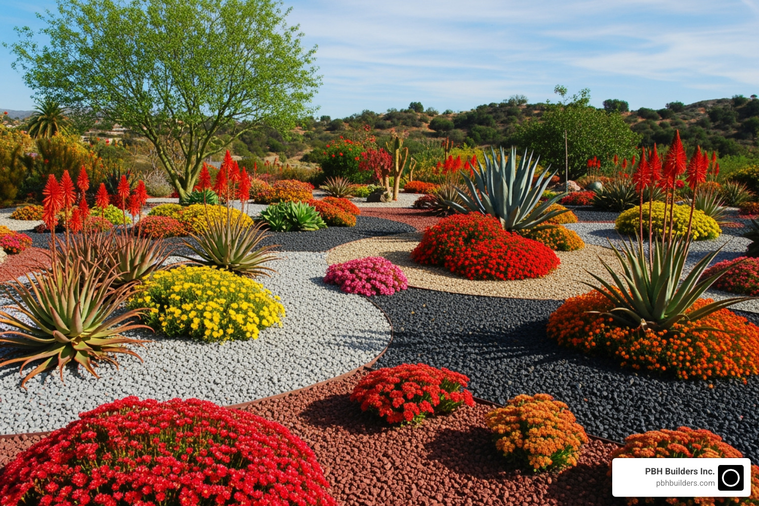 a vibrant desert garden with flowering succulents and contrasting gravel - Desert landscape San Diego