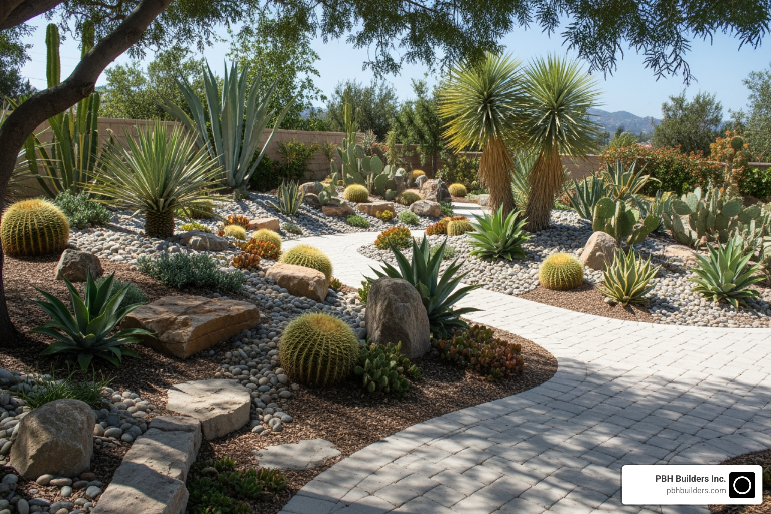 a well-designed desert landscape showing a mix of rocks, plants, and a paver pathway - Desert landscape San Diego