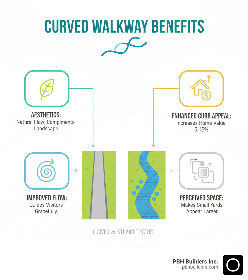Infographic showing curved walkway benefits: Aesthetics (natural flow, complements landscape), Improved Flow (guides visitors gracefully), Enhanced Curb Appeal (increases home value 5-15%), Perceived Space (makes small yards appear larger), with comparison illustrations of curved vs straight paths - curved paver walkways infographic Infographic showing curved walkway benefits: Aesthetics (natural flow, complements landscape), Improved Flow (guides visitors gracefully), Enhanced Curb Appeal (increases home value 5-15%), Perceived Space (makes small yards appear larger), with comparison illustrations of curved vs straight paths - curved paver walkways infographic