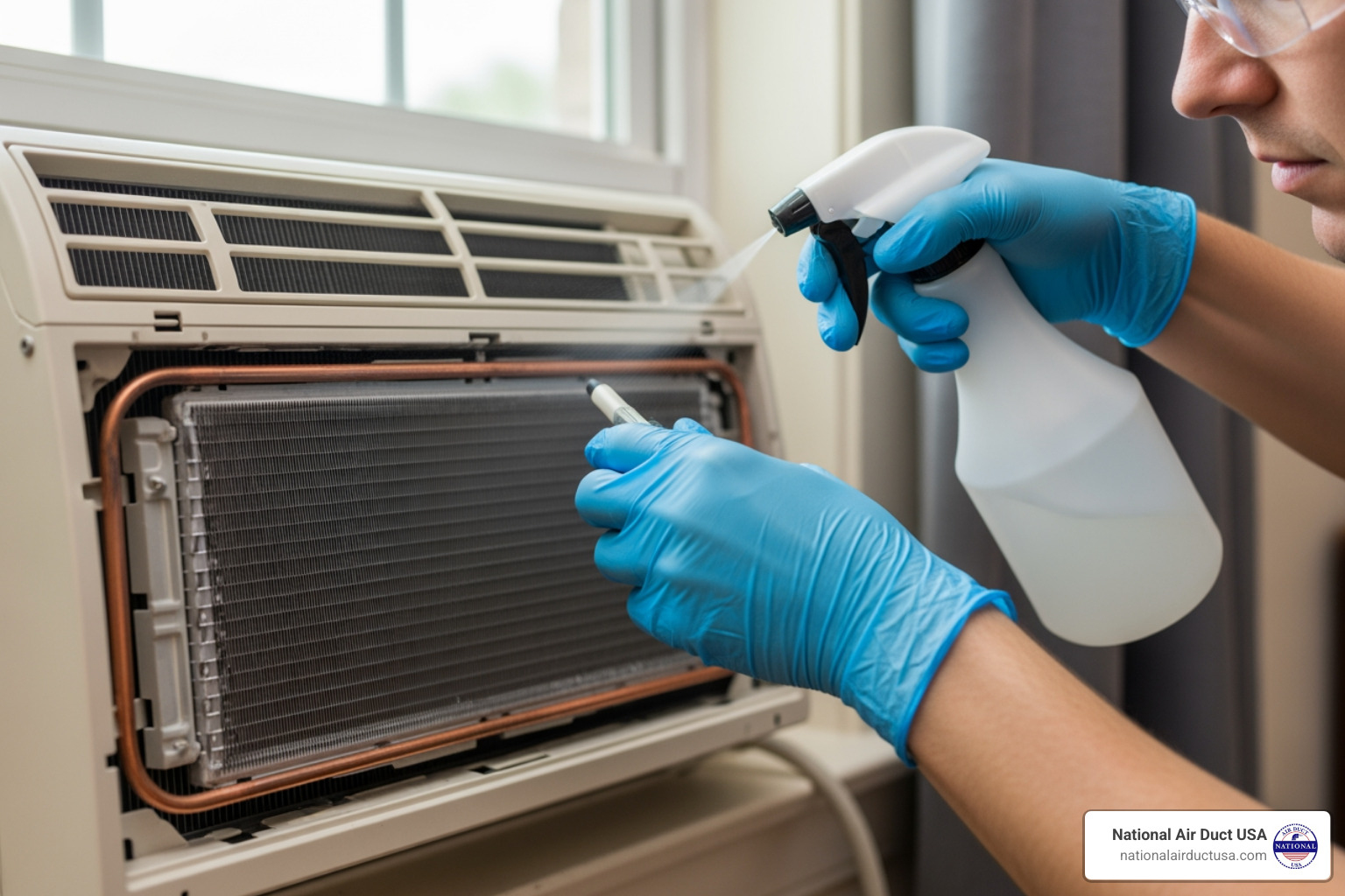 A person safely spraying coil cleaner on a window AC unit - window ac coil cleaner