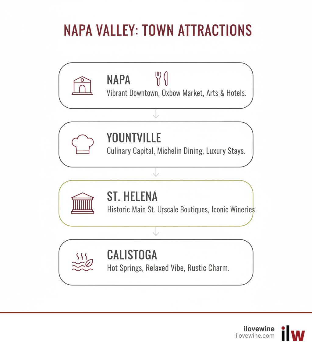 Key attractions of Napa Valley's main towns - Napa Valley event planner infographic Key attractions of Napa Valley's main towns - Napa Valley event planner infographic