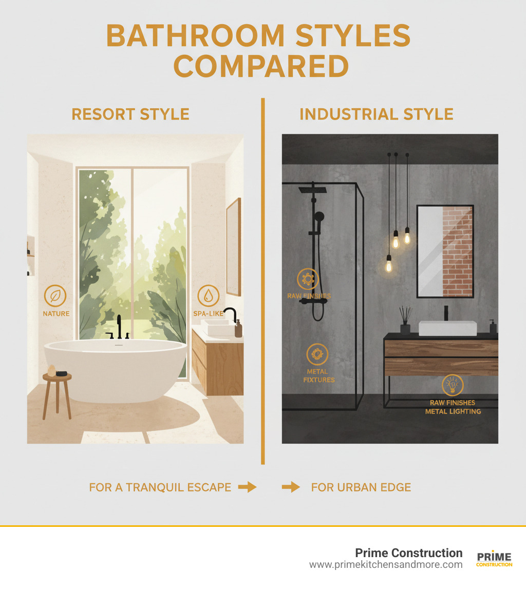 Infographic showing two bathroom styles side by side: Resort Style bathroom on the left featuring natural stone walls, a freestanding tub by large windows with garden views, soft neutral colors, and warm wood accents; Industrial Style bathroom on the right with exposed concrete, black metal fixtures, Edison bulb lighting, and raw, edgy finishes - resort style bathroom infographic 