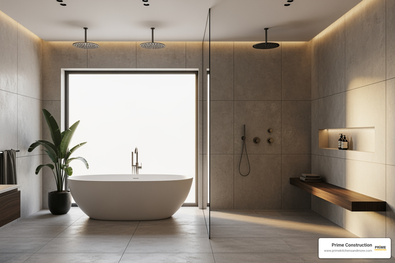 spacious wet room with freestanding tub and dual rainfall showerheads - resort style bathroom