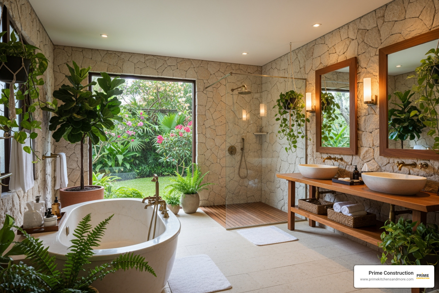 bathroom with large window overlooking garden, stone walls, lush plants - resort style bathroom