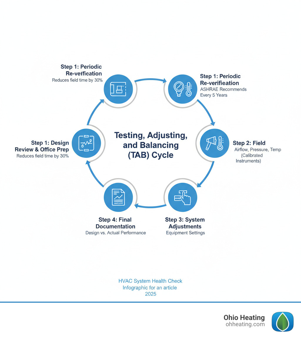 Infographic showing the Testing, Adjusting, and Balancing (TAB) cycle: Step 1 - Design Review and Office Preparation (reduces field time by 30%), Step 2 - Field Measurements using calibrated instruments (airflow, pressure, temperature), Step 3 - System Adjustments (dampers, fan speeds, equipment settings), Step 4 - Final Documentation showing design vs actual performance, Step 5 - Periodic Re-verification (ASHRAE recommends every 5 years) - Air balance report infographic 