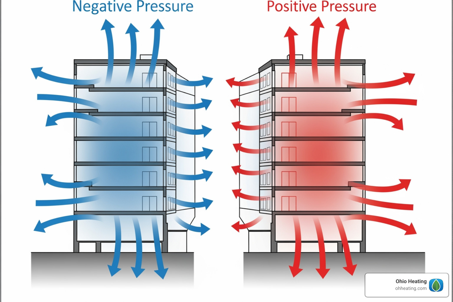 Diagram showing the effects of excessively positive and negative building pressure - Air balance report