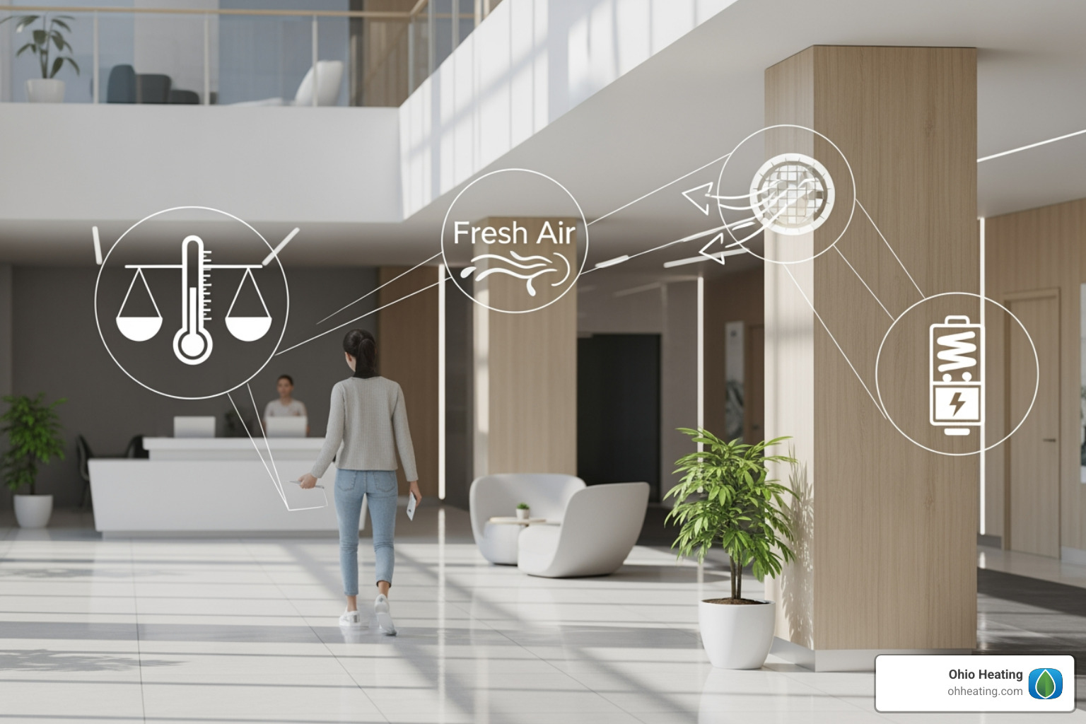 Building interior with icons showing balanced temperature, clean air, and energy savings - Air balance report