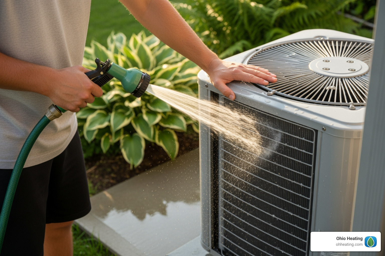 Cleaning an outdoor AC unit with a hose - AC blowing warm air Cleaning an outdoor AC unit with a hose - AC blowing warm air