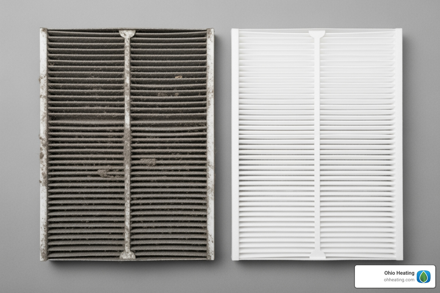 A dirty and clogged AC air filter next to a clean one - AC blowing warm air A dirty and clogged AC air filter next to a clean one - AC blowing warm air