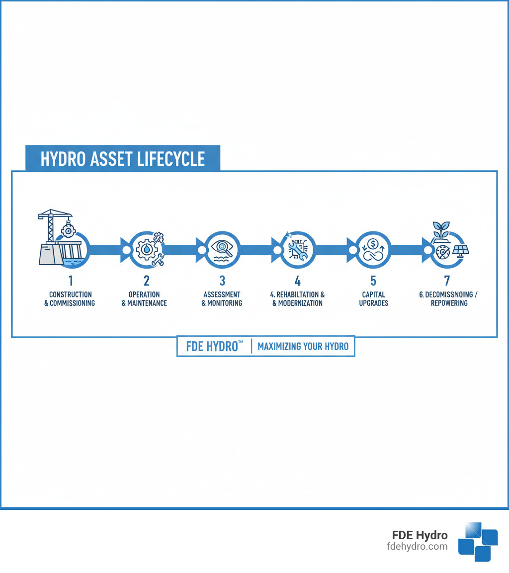 Infographic showing the hydropower asset lifecycle from initial construction and commissioning through operation and routine maintenance, condition assessment and monitoring, rehabilitation and modernization decisions, capital improvements and upgrades, extended operations, and eventual decommissioning or repowering - Hydropower asset management infographic 