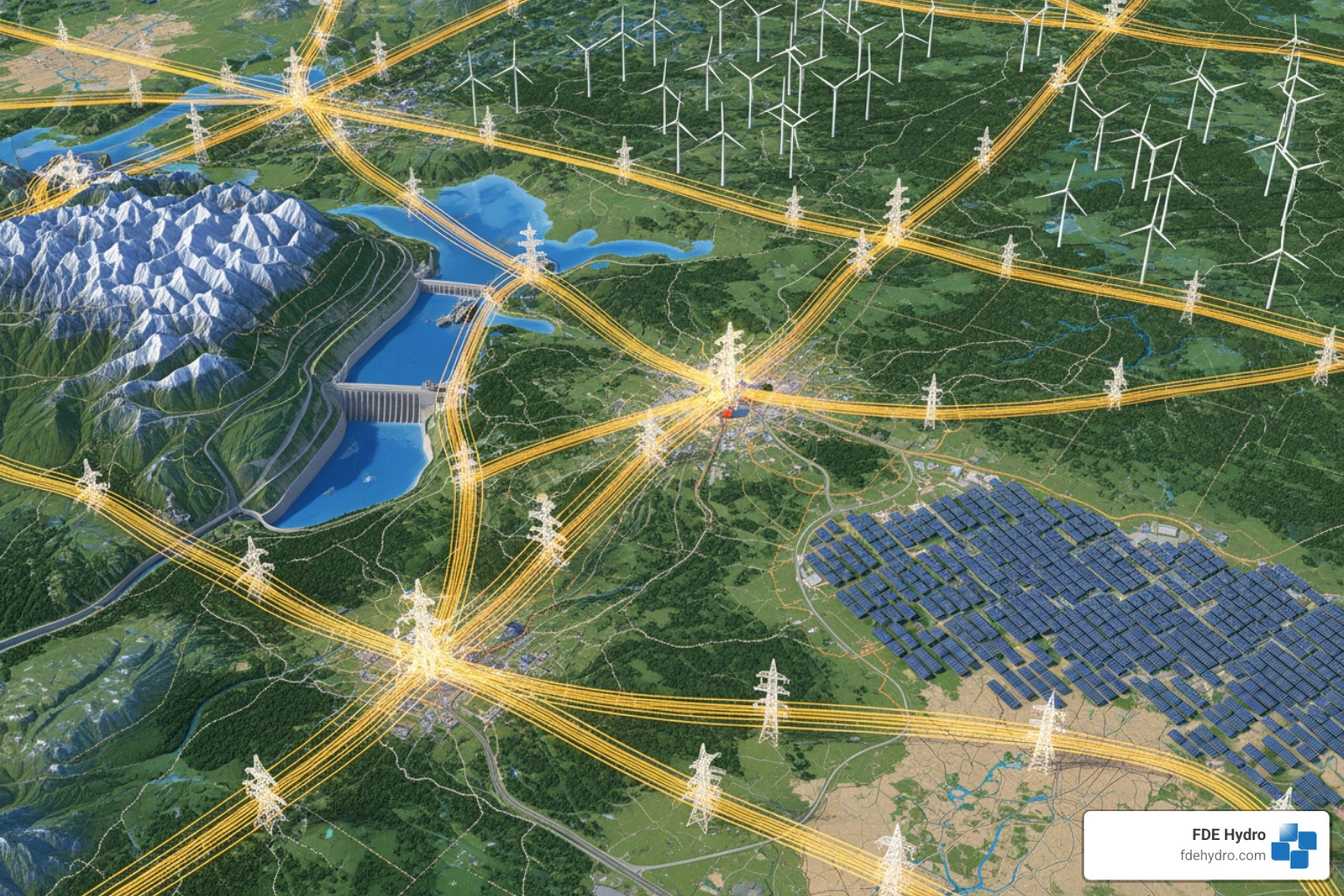 A detailed power grid distribution map showing interconnected energy sources and transmission lines, highlighting hydropower's role in grid stability - Hydropower asset management