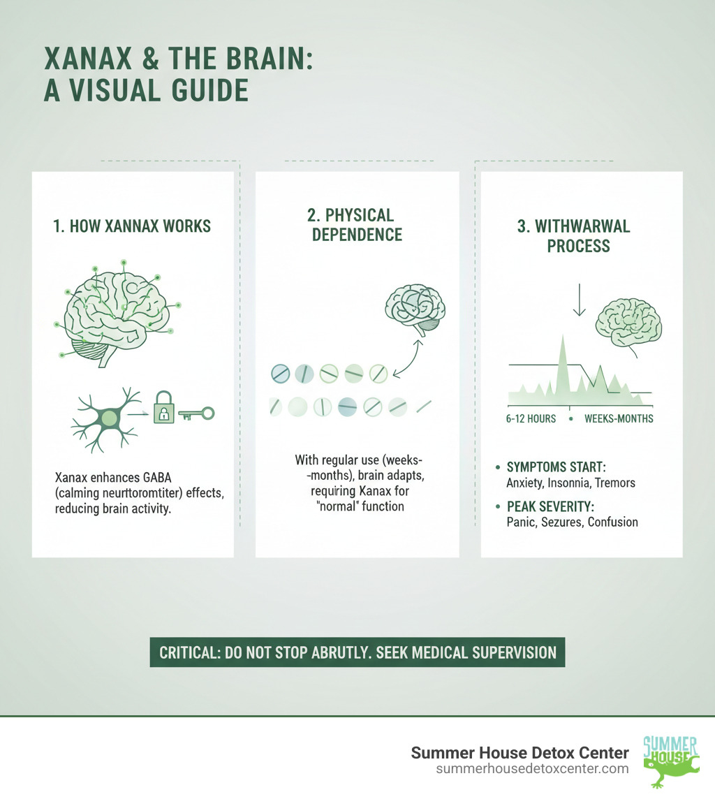 Infographic showing how Xanax affects GABA receptors in the brain, the development of physical dependence over time, and the withdrawal process that occurs when Xanax is stopped, including the timeline of symptom onset and peak severity - Xanax withdrawal symptoms infographic 