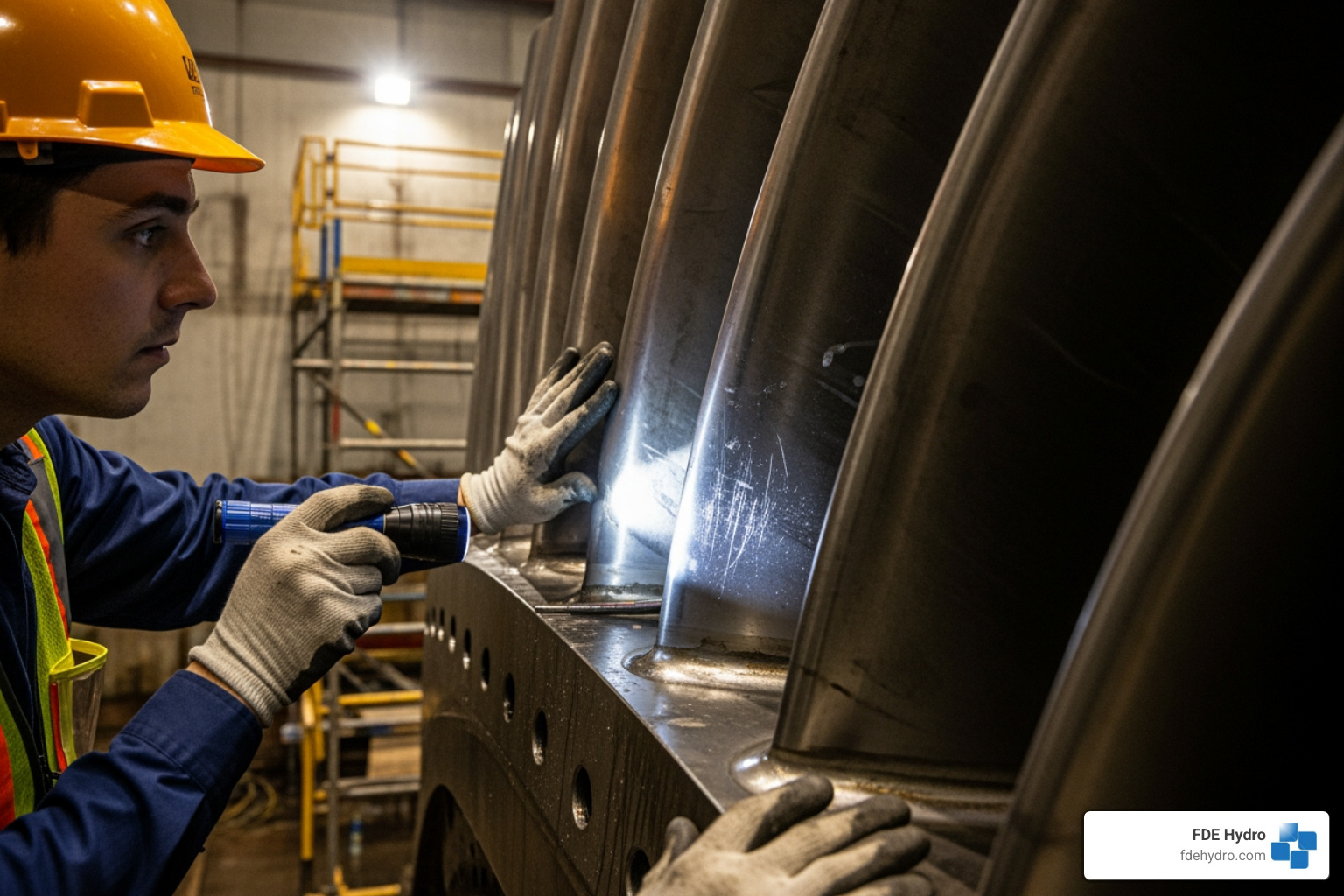 An engineer inspecting a turbine runner during a routine maintenance check, highlighting the importance of detailed visual and technical assessments - Hydropower asset management