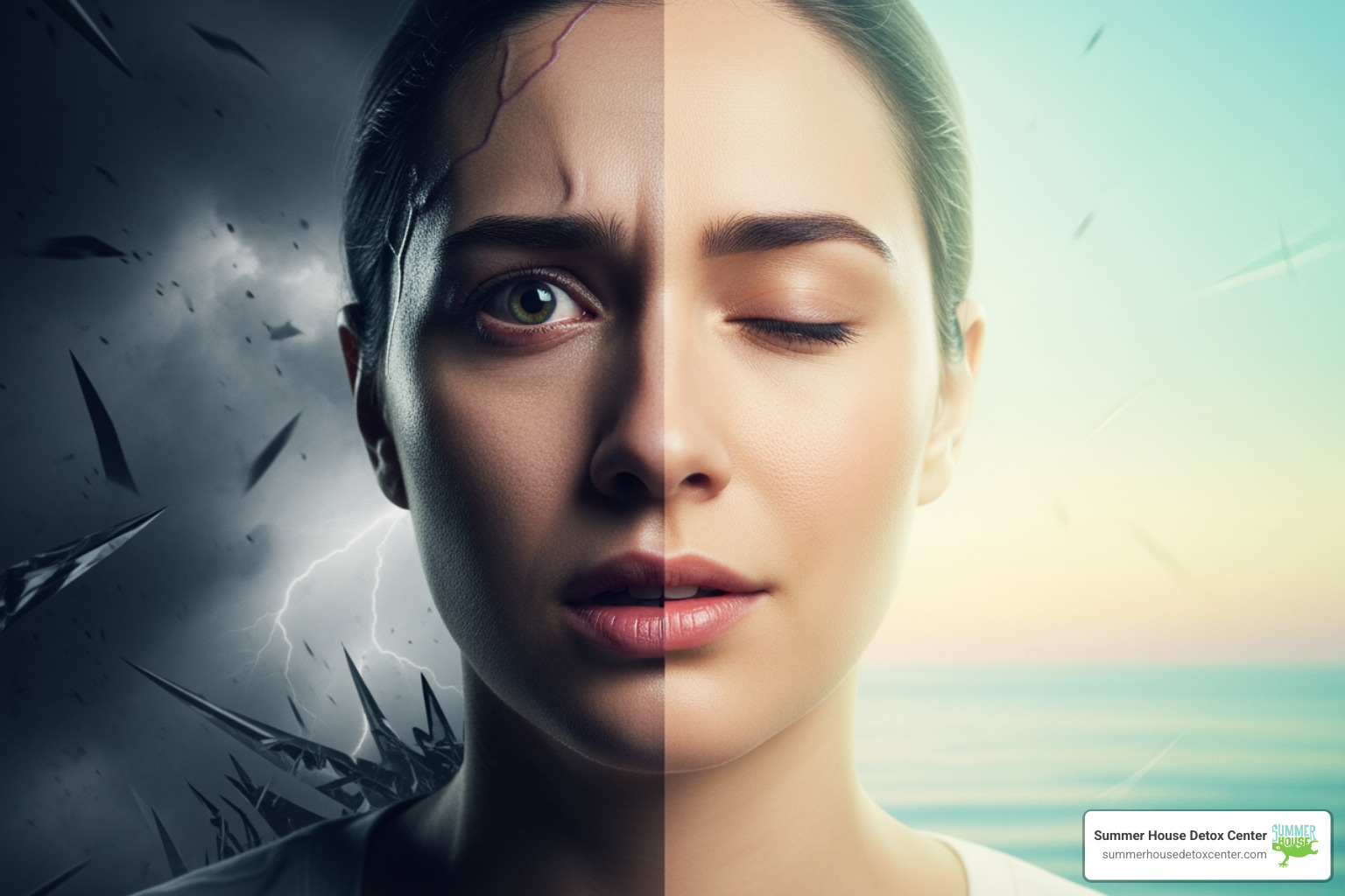 Image illustrating the contrast between the turbulent, anxious state of withdrawal and the calm, serene state of recovery - Xanax withdrawal symptoms