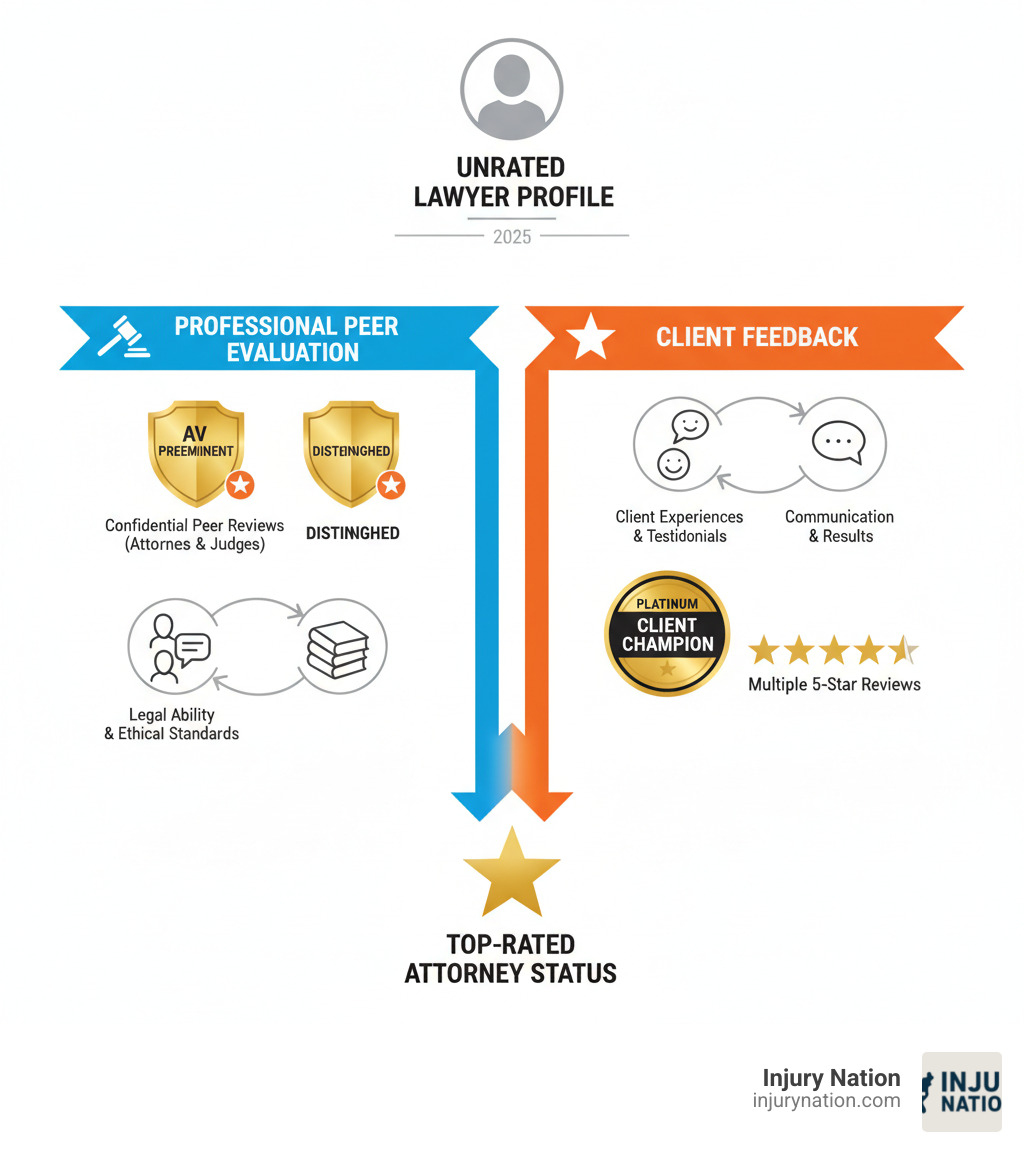 infographic showing the journey from an unrated lawyer profile to achieving peer recognition awards like AV Preeminent and Distinguished, plus client review scores including Platinum Client Champion status with multiple 5-star reviews, displaying the two pathways of professional peer evaluation and client feedback that lead to top-rated attorney status - how can you get a rating on a lawyer infographic 