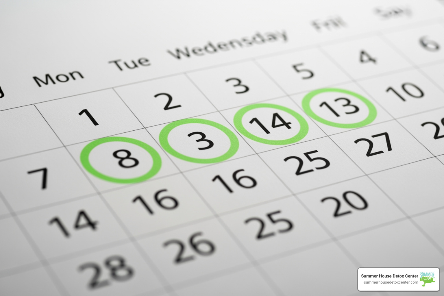 A calendar with days 1-7 highlighted, representing the acute detox week - alcoholism detox timeline A calendar with days 1-7 highlighted, representing the acute detox week - alcoholism detox timeline