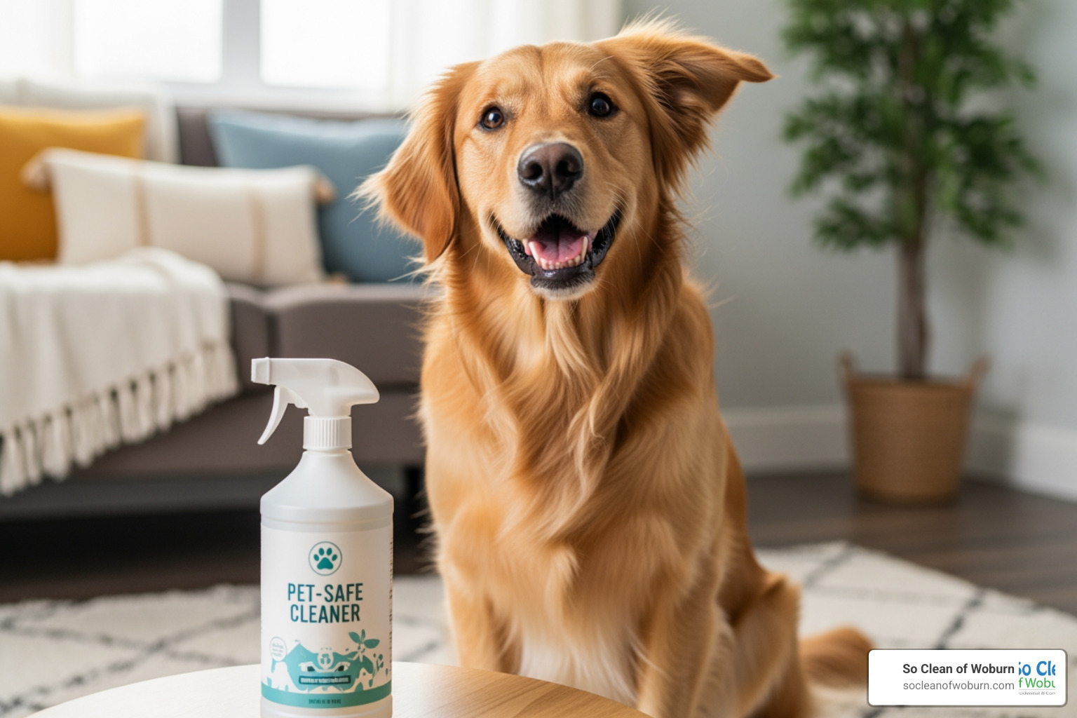 pet-safe cleaning product next to a happy dog - best cleaning supplies